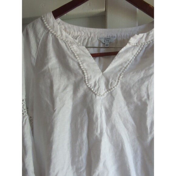 Crown & Ivy Women's M White Linen Blend Quarter Sleeve Bell Sleeve Summer Blouse - Picture 8 of 16